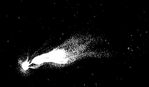 Рис. 1. Гигантская комета Хьюмасона (а) в 1962 г. продемонстрировала удивительное поведение, несмотря на большое перигелийное расстояние (2,13 а. е.). На рисунках по фотографиям, полученным Элизабет Ремер, рядом с ядерной областью кометы виден выброс (б) светящегося облака, которое отсутствовало предыдущей ночью